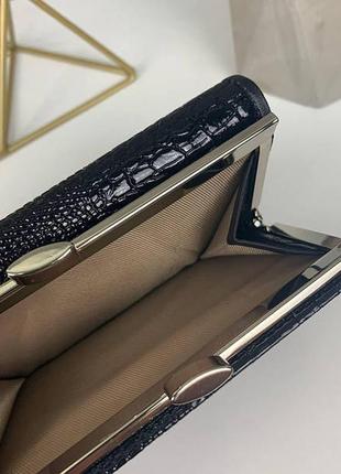 Женский кожаный кошелек крокодил мини клатч портмоне с крокодилом из натуральной кожи черн...