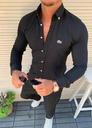 Чорна чоловіча приталена сорочка з довгим рукавом мужская рубашка lacoste