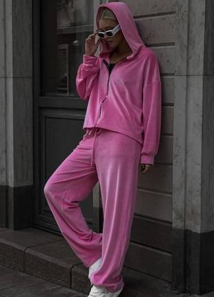 Костюм спортивний жіночий велюровий однотонний оверсайз зіп худі на блискавці з капішоном штани вільного крою на високій посадці рожевий бежевий4 фото