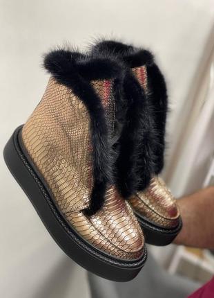 Екслюзивні черевики високі лофери з натуральної італійської шкіри та замші жіночі з норкою