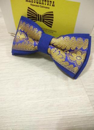 Эксклюзивный галстук бабочка в сине-золотой гамме. метелик.1 фото