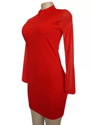 Червона міні сукня плаття по фігурі з рукавами сіточкою s5 фото