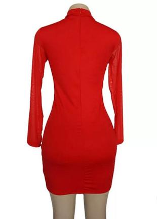 Червона міні сукня плаття по фігурі з рукавами сіточкою s6 фото