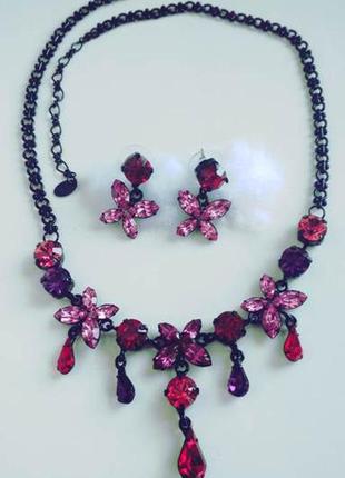 Набір прикрас, сережки і намисто, чорний з рожевими і малиновими камінням