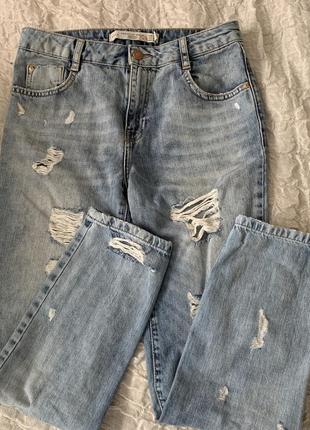 Рваные голубые укороченные джинсы zara premium wash 34