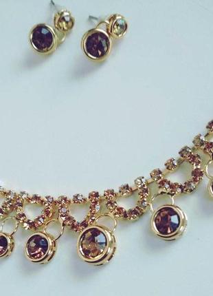 Нежный  золотой топазный набор  украшений, серьги  и ожерелье,  фианиты цвета хереса2 фото