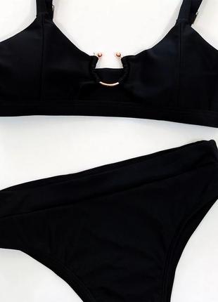 Чорний модний роздільний купальник з високою завищеною посадкою бразиліана декольте4 фото