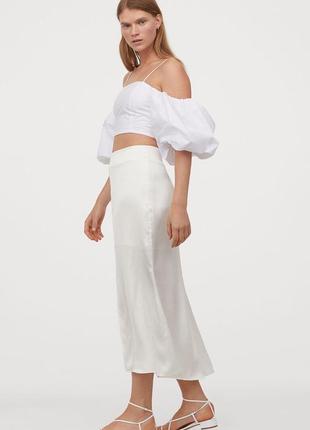 Натуральная белая жемчужная сатиновая юбка миди h&m