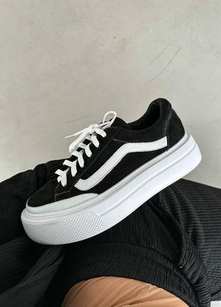 Кеды из натуральной кожи и замши, черно-белые вансы, кеды vans на высокой толстой подошве