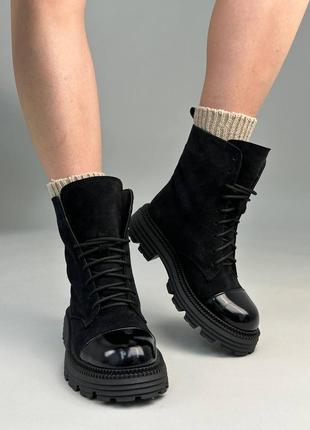 Стильные черные ботинки женские, осенние-весенние, демисезон, на осень, замшевые/замша-женская обувь10 фото