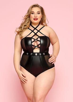 Боди эко кожа вставки сетка вырезы декольте большой размер декор plus size1 фото