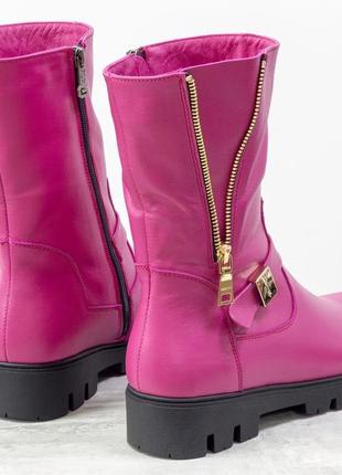 Кожаные ярко-розовые  женские ботинки осень-зима3 фото