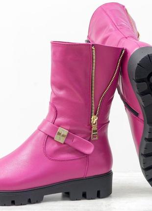 Кожаные ярко-розовые  женские ботинки осень-зима2 фото