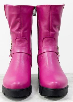 Кожаные ярко-розовые  женские ботинки осень-зима4 фото