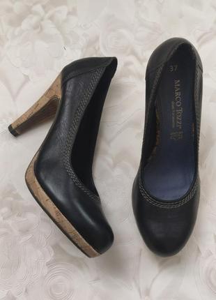 Туфли-лодочки черные с пробковым каблуком и пробковой подошвой - кожа marco tozzi9 фото