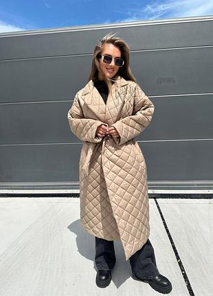 Длинное пальто из плащевой ткани стеганой на силиконе anm-5-3092 фото