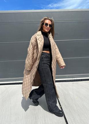 Длинное пальто из плащевой ткани стеганой на силиконе anm-5-3096 фото