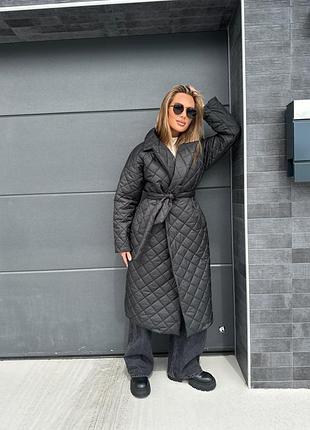 Длинное пальто из плащевой ткани стеганой на силиконе anm-5-3094 фото