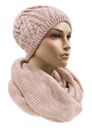 Вязаный комплект зимняя тёплая шапка и шарф снуд хомут женский к21 фото