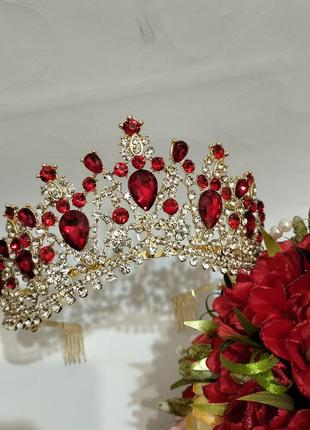 Діадема висока з кристалами сваровскі, корона, червоні камені
