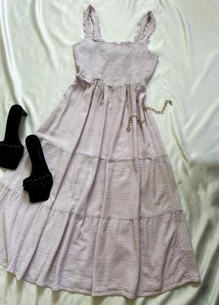 Сарафан ярусний, бузкова міді сукня жатка, ліловий сарафан, трендове міді-плаття1 фото