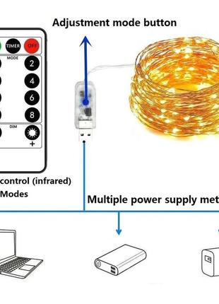 Гірлянда 5 метрів 50 led світлодіодна струна краплі роси на мідному дроті з пультом дистанційного керування, usb plug , 8 режимів
, гирлянда8 фото