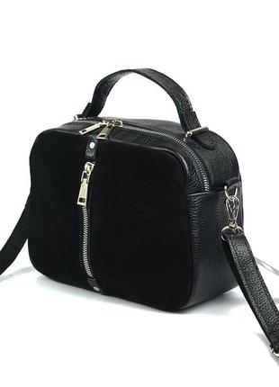 Замшева чорна маленька жіноча сумка крос-боді на плече, міні сумочка з натуральної шкіри та замші
