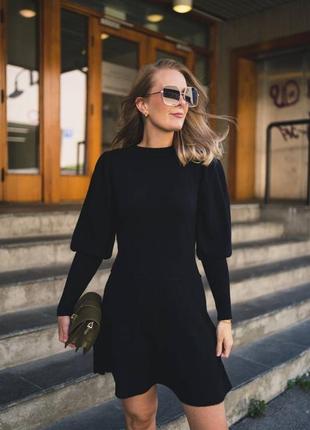 Черное шерстяное платье ella & il una wool dress объемные рукава теплая шерсть кашемир норвегия