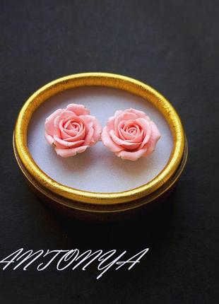 Сережки рожева троянда, сережки гвіздки троянда, сережки рожеві квіти4 фото