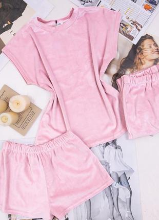 Плюшевый пижамный комплект футболка, штаны и шорты. пижама тройка из плюшевого велюра, мягкая пижамка плюш велюр10 фото