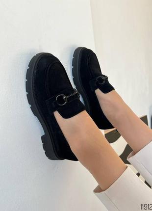 Туфли лоферы черные натуральный замш на высокой подошве платформе танкетке