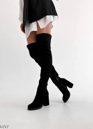 Черные натуральные замшевые демисезонные деми осенние сапоги ботфорты на высоком толстом каблуке осень замша3 фото