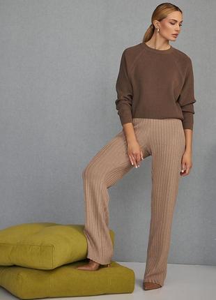 Женские вязанные брюки в рубчик кофейного цвета. модель 2490 trikobakh