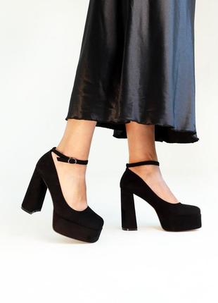 Класичні чорні туфлі жіночі на підборах,каблук,весняно-осінні,демісезон,екозамша,жіноче взуття4 фото