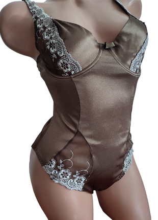 C&a боді атласний бронзовий бодік жіночий атлас коричневий з мережива сексі еротик2 фото