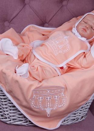 Летний набор для новорожденных детей на выписку "queen" персиковый2 фото