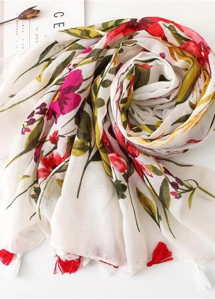 Роскошный палантин 180 на 90 см с цветочным орнаментом и кисточками, цветы, шаль, шарф, платок, цветок, цветы, листья4 фото