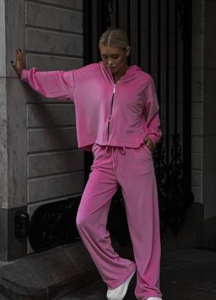 Женский спортивный casual розовый барби pink barbie костюм двойка кофта+брюки плюш велюр тренд 20233 фото