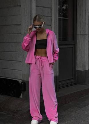 Женский спортивный casual розовый барби pink barbie костюм двойка кофта+брюки плюш велюр тренд 20232 фото