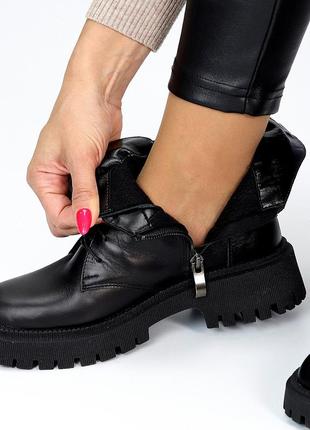 Черные дизайнерские кожаные женские ботинки натуральная кожа на флисе5 фото