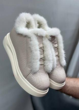 Эксклюзивные ботинки высокие лоферы из натуральной итальянской кожи и замши женские с норкой