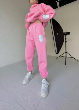 Жіночий стильний теплий рожевий костюм худі + штани тренд 2023