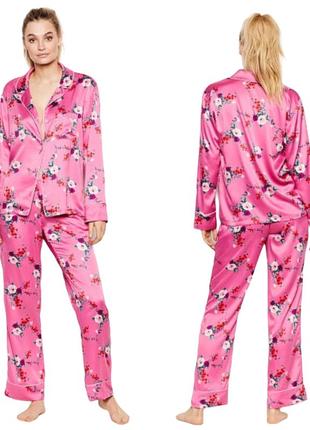 Сатиновая пижама victoria’s secret satin pj set pink flowers xs розовая