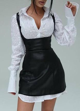 Костюм женский белый оверсайз рубашка на пуговицах черный кожаный сарафан экокожа качественный стильный1 фото