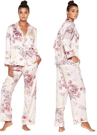 Сатиновая пижама victoria's secret satin long pajama set striped flowers m розовая в полоску