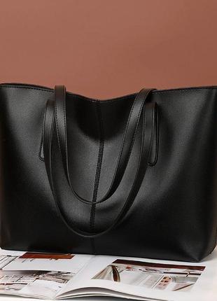 Женская сумка-шоппер на плечо черная из эко-кожи, большая вместительная7 фото
