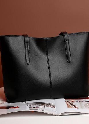 Женская сумка-шоппер на плечо черная из эко-кожи, большая вместительная6 фото