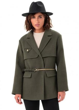 Пальто - пиджак женское шерстяное демисезонное, осеннее весеннее, деми, дизайнерское, хаки5 фото