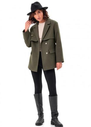 Пальто - пиджак женское шерстяное демисезонное, осеннее весеннее, деми, дизайнерское, хаки4 фото