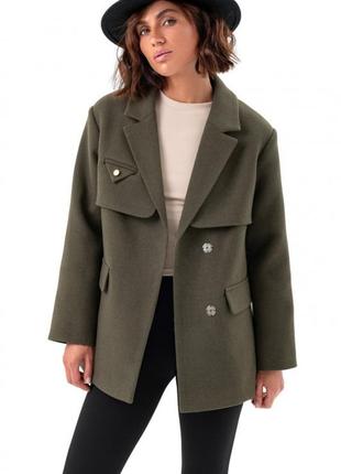 Пальто - пиджак женское шерстяное демисезонное, осеннее весеннее, деми, дизайнерское, хаки2 фото